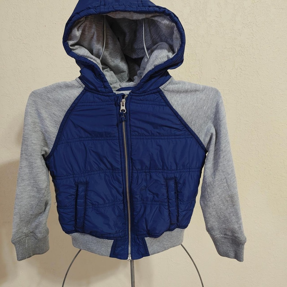 Nordstrom Kids Blue Grey Puffer Jacket Hooded Mixed Media Coat Size 4